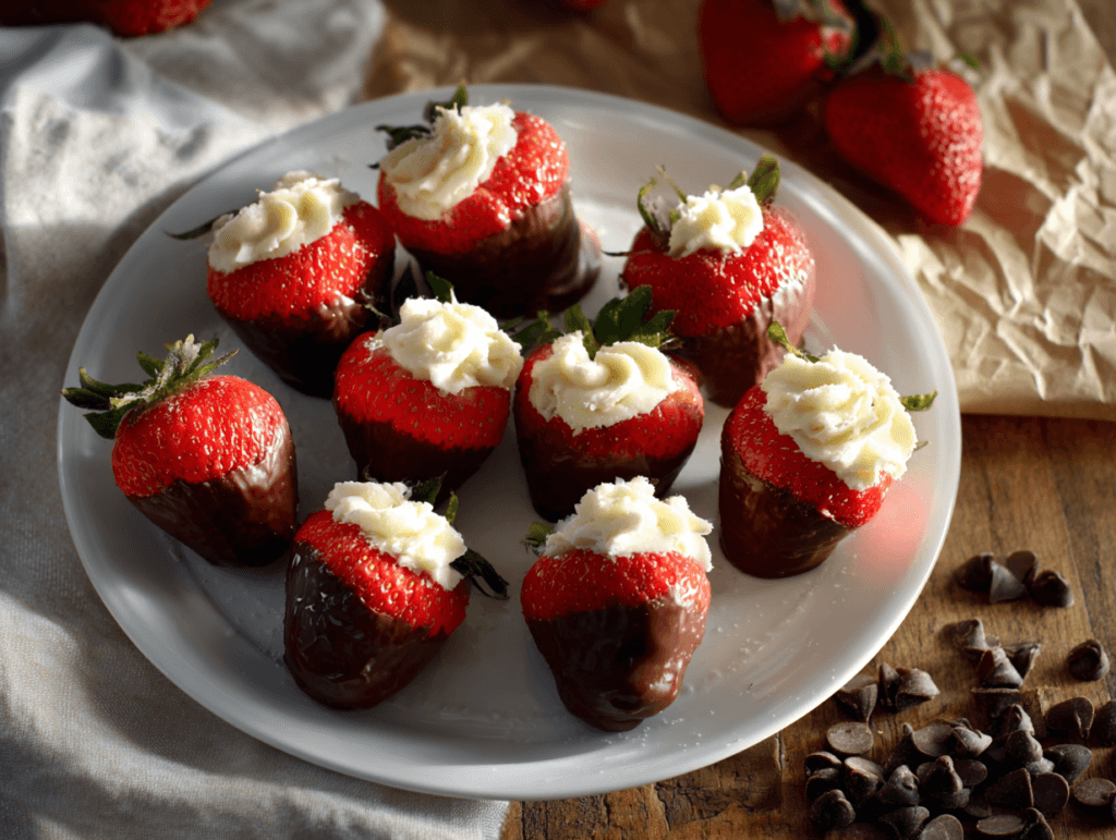 Chocolate covered cheesecake strawberries filled with creamy cheesecake on a white plate
