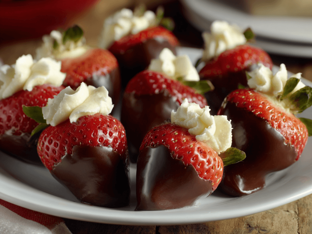 Chocolate covered cheesecake strawberries filled with creamy cheesecake on a white serving plate