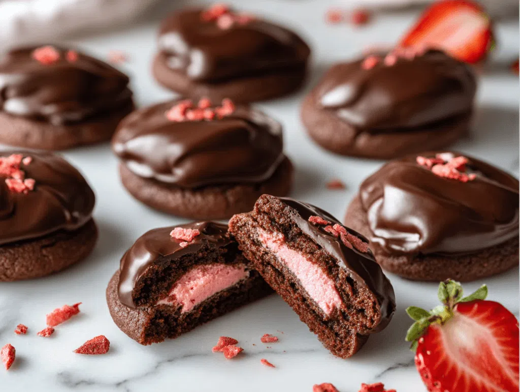 Chocolate covered strawberry cookies with strawberry filling and chocolate ganache