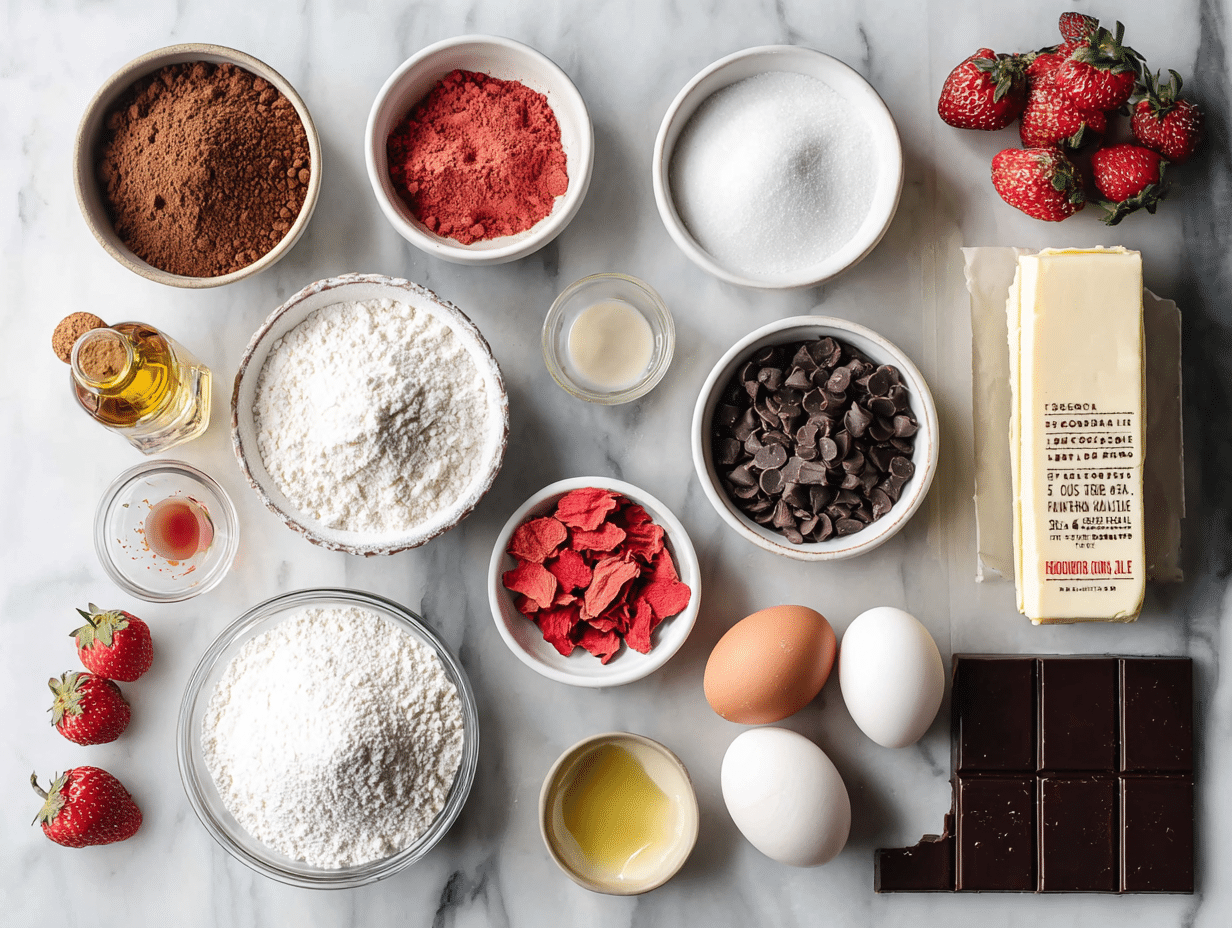 chocolate-covered-strawberry-cookies-ingredients. Ingredients for chocolate covered strawberry cookies arranged on a marble surface
