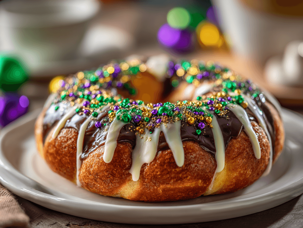 Chocolate filled king cake with glaze and festive sugar