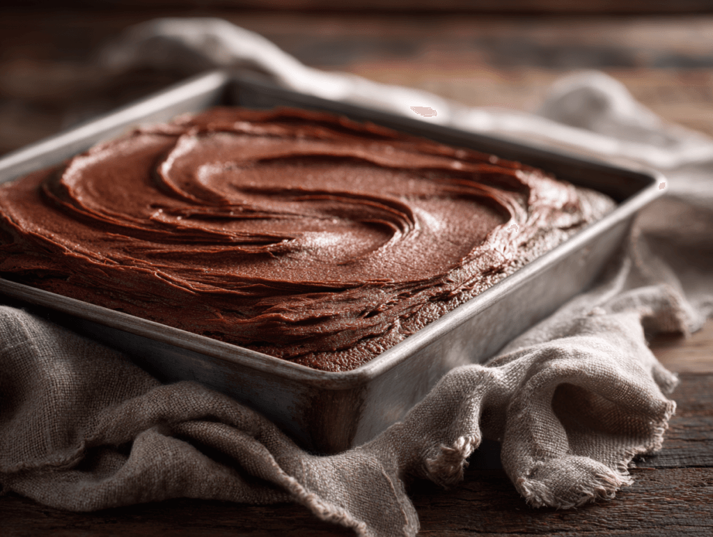 chocolate sheet cake recipe in a pan with glossy frosting