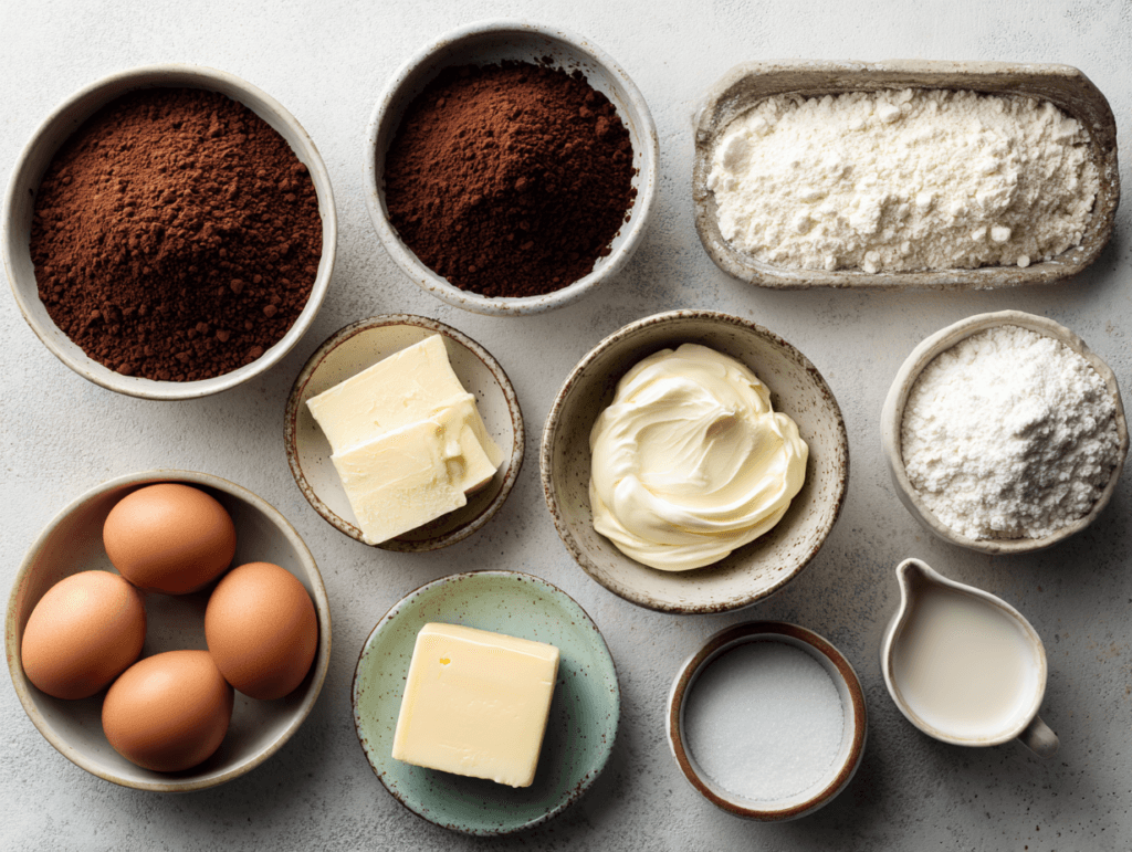ingredients for chocolate sheet cake recipe measured and ready