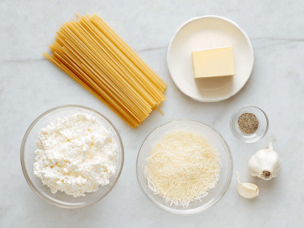 Ingredients for Cottage Cheese Alfredo Pasta including spaghetti, cottage cheese, parmesan, butter, garlic, and pepper