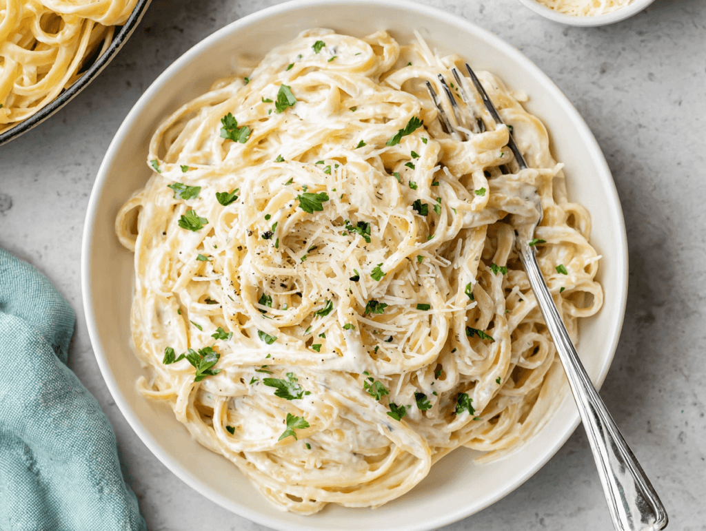 Cottage Cheese Alfredo Pasta served in a white bowl with parmesan and parsley