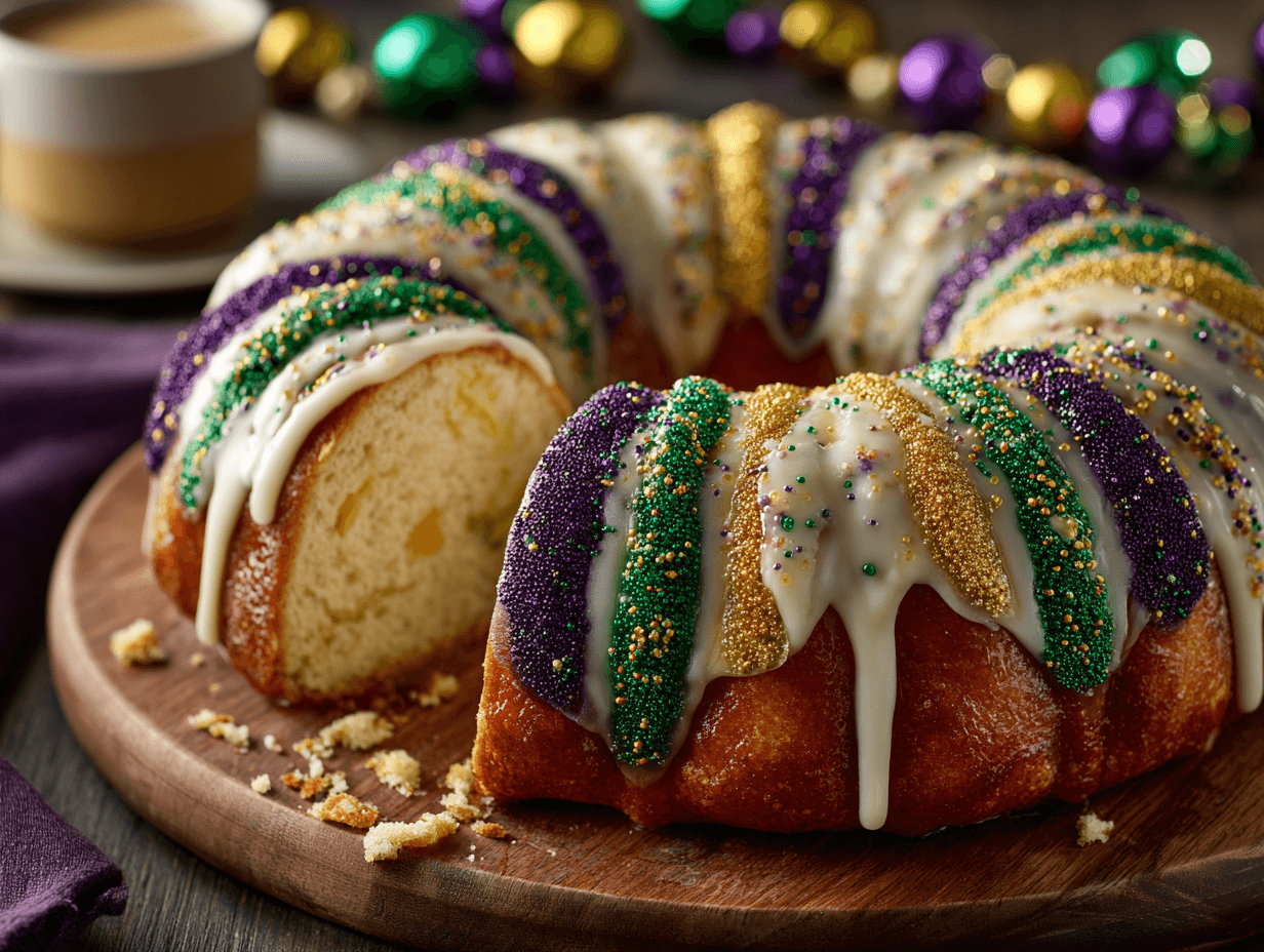 Cream Cheese Filled King Cake with glaze and Mardi Gras sugars