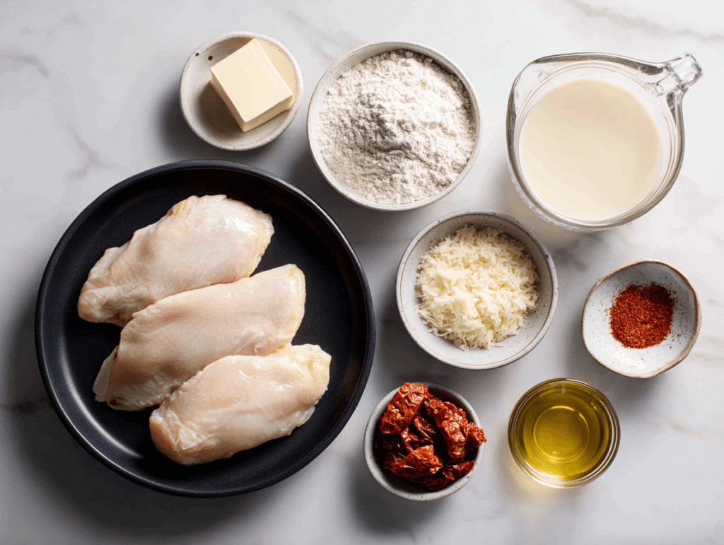 Ingredients for creamy Cajun chicken on a marble counter
