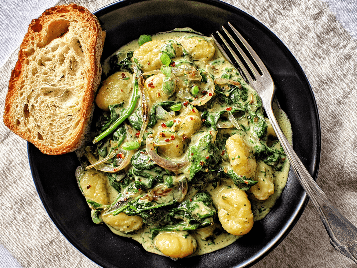Creamy pesto gnocchi with spinach served with toasted bread on a black plate