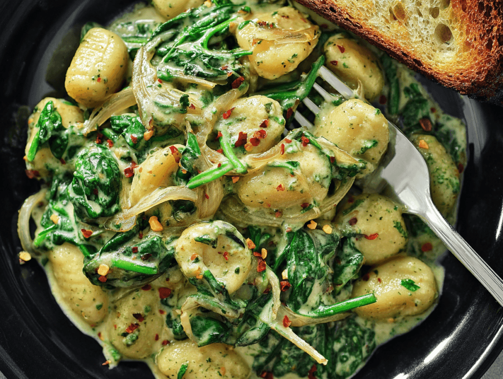 Close-up creamy pesto gnocchi with spinach in a pesto cream sauce with red pepper flakes