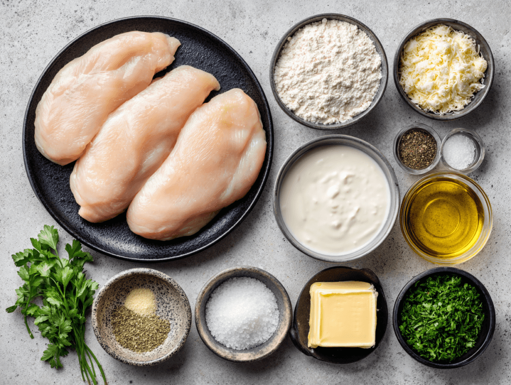 Ingredients for creamy ranch chicken laid out on a kitchen counter