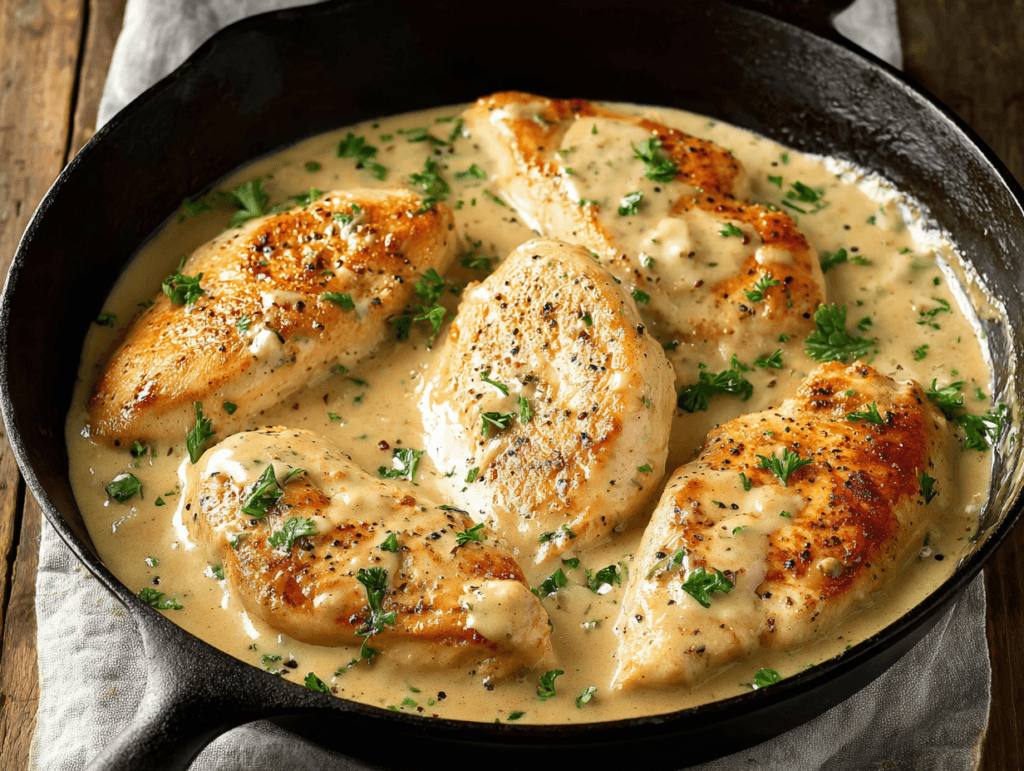 Creamy ranch chicken cooked in a skillet with rich ranch sauce