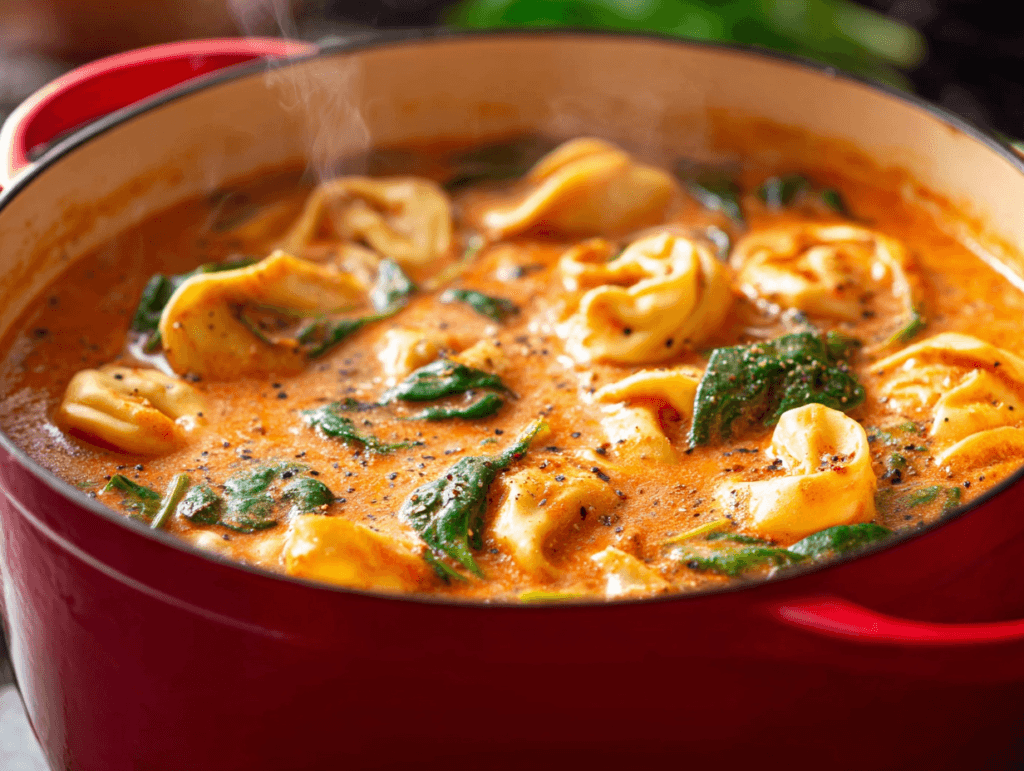 Creamy Tomato Tortellini Soup in a red Dutch oven