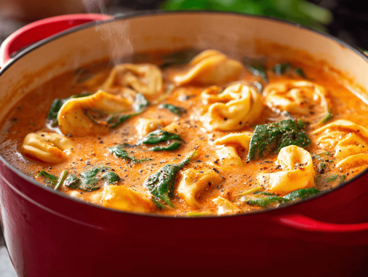 Creamy Tomato Tortellini Soup in a red Dutch oven