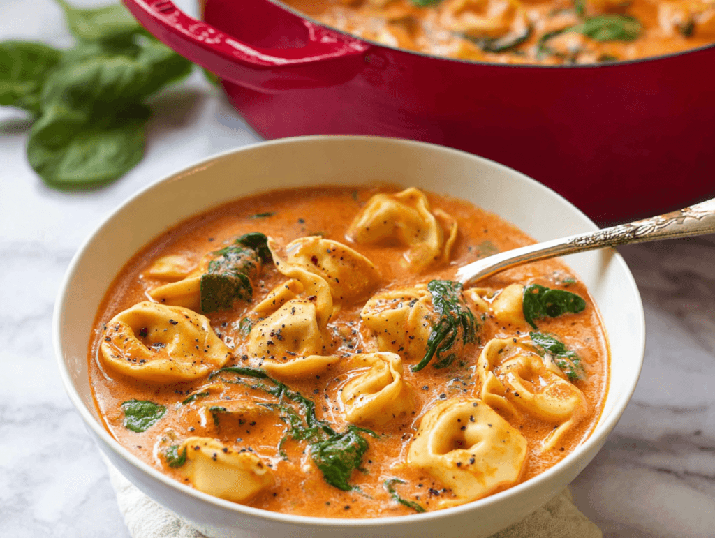 Creamy Tomato Tortellini Soup served in a white bowl with spinach