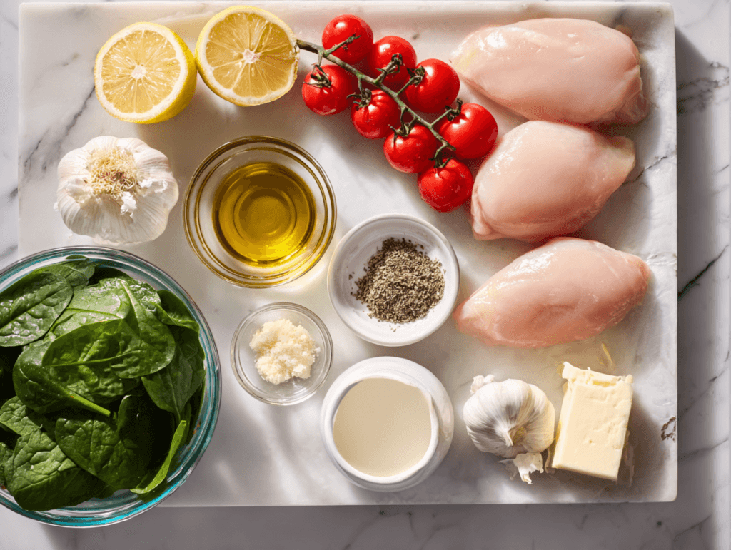 Creamy Tuscan Chicken Skillet – Easy One-Pan Recipe for Dinner 2 Ingredients for Creamy Tuscan Chicken Skillet with chicken, spinach, tomatoes, parmesan, and cream