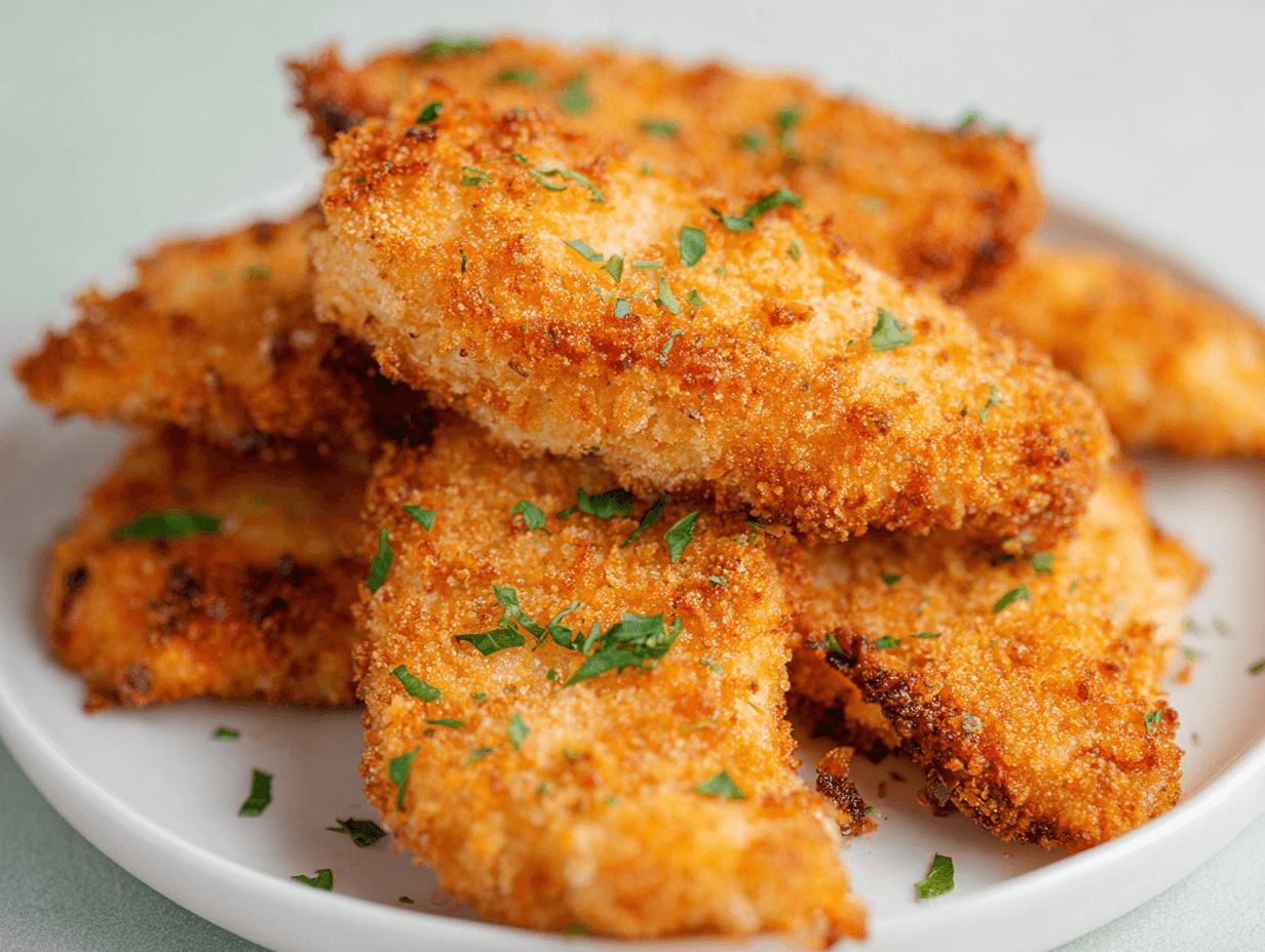 Crispy Air Fryer Chicken Tenders on parchment with dipping sauce