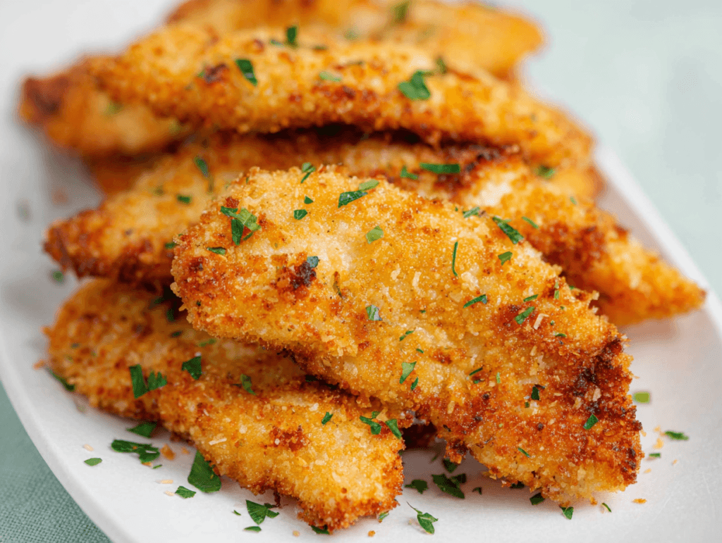 Crispy Air Fryer Chicken Tenders on parchment with dipping sauce