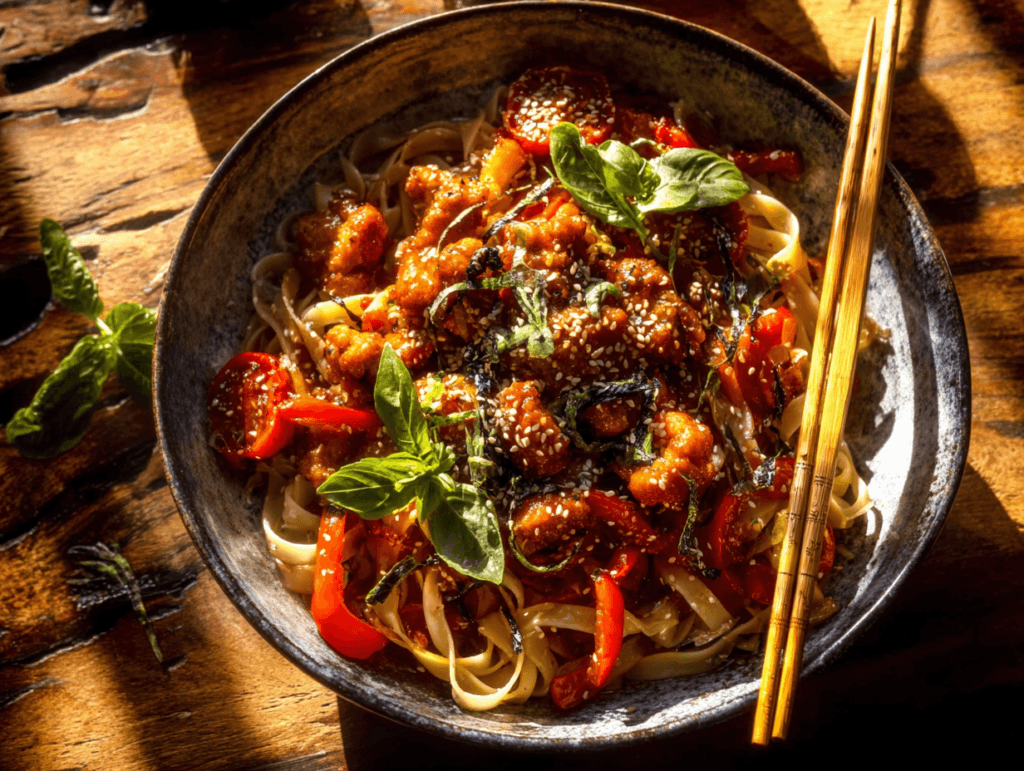 crispy garlic chicken noodles with golden chicken and rice noodles