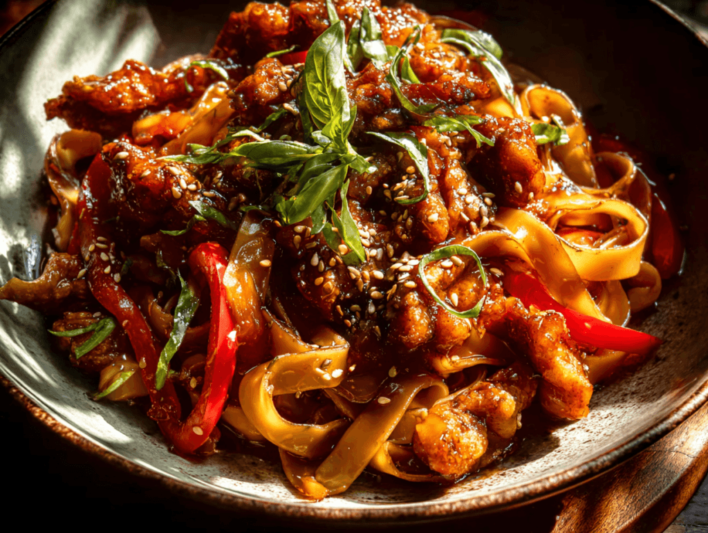 crispy garlic chicken noodles close up with sesame and scallions