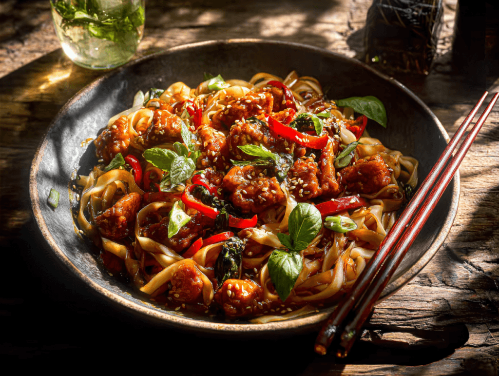 crispy garlic chicken noodles with golden chicken and rice noodles