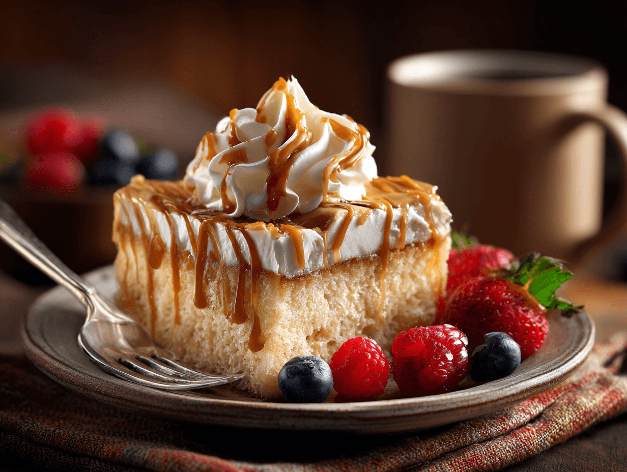 Dulce de Leche Tres Leches: Sweet Caramel Bliss You Can Make at Home 4 Dulce de Leche Tres Leches cake with whipped cream and caramel swirl