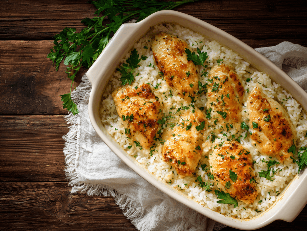 Dump and Bake Creamy Chicken and Rice casserole fresh from oven