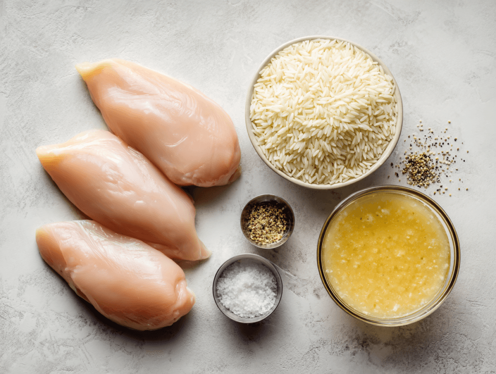 Ingredients for Dump and Bake Creamy Chicken and Rice