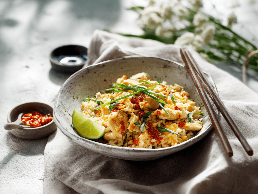 Serving bowl of Egg White Fried Rice with Chicken