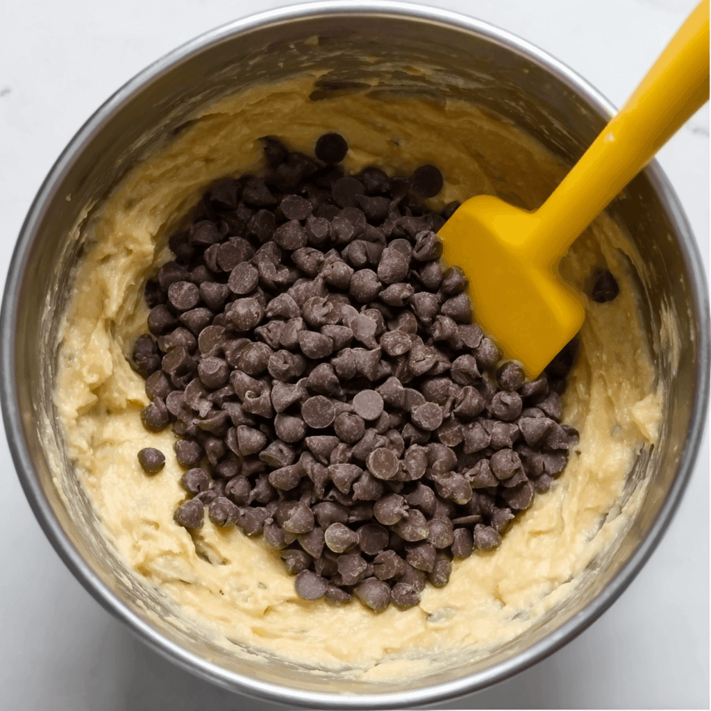 folding chocolate chips into chocolate chip banana bread batter