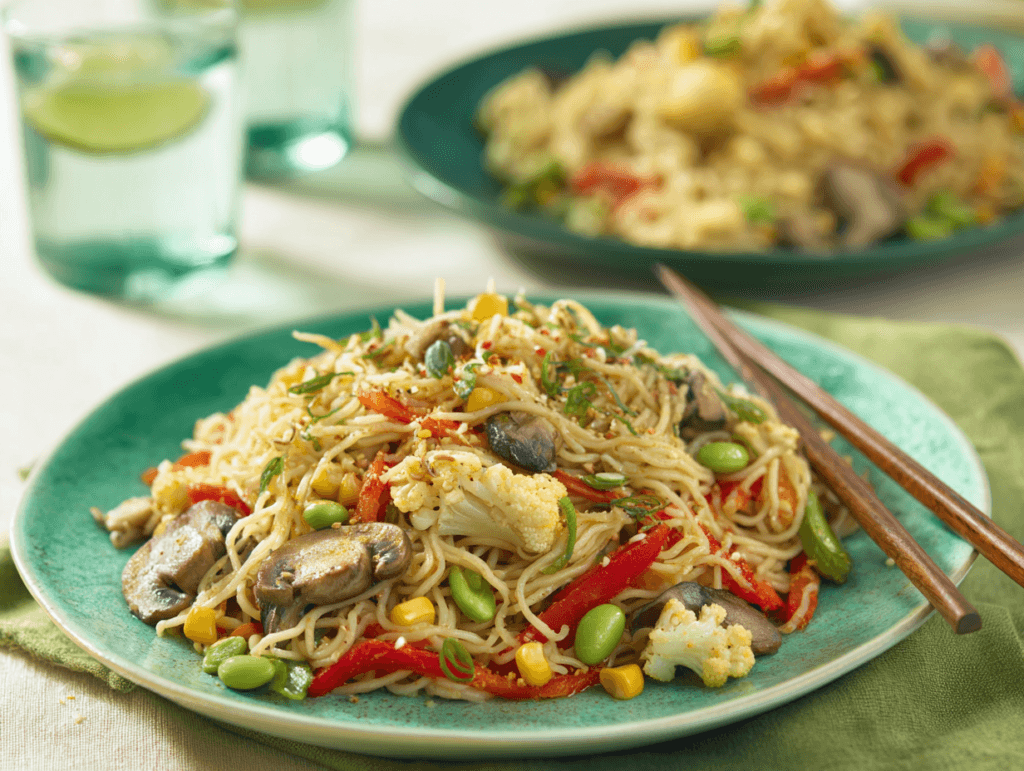 Frozen Veggie Stir-Fry and Egg Noodles with colorful mixed vegetables on a green plate