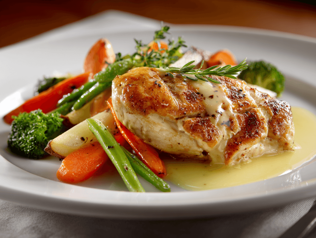 Garlic butter baked chicken breast served for dinner