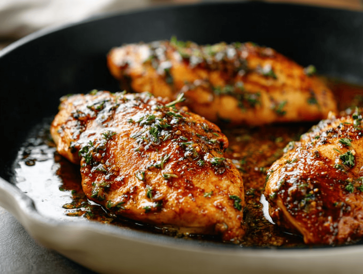 Garlic butter baked chicken breast in skillet