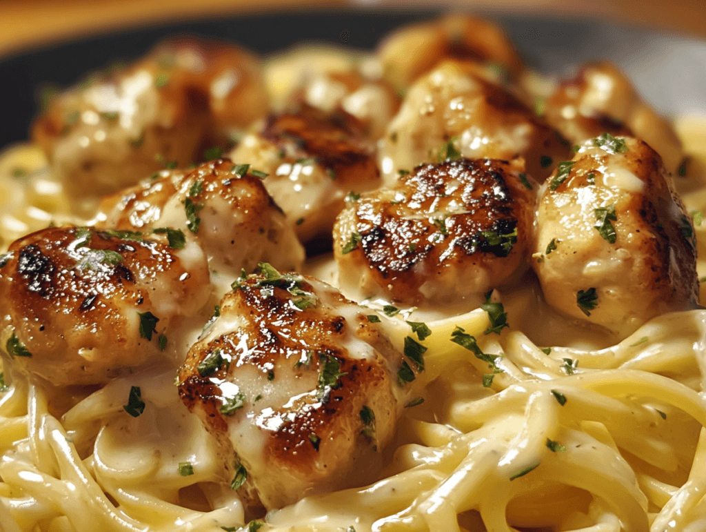 garlic butter chicken bites with creamy parmesan pasta