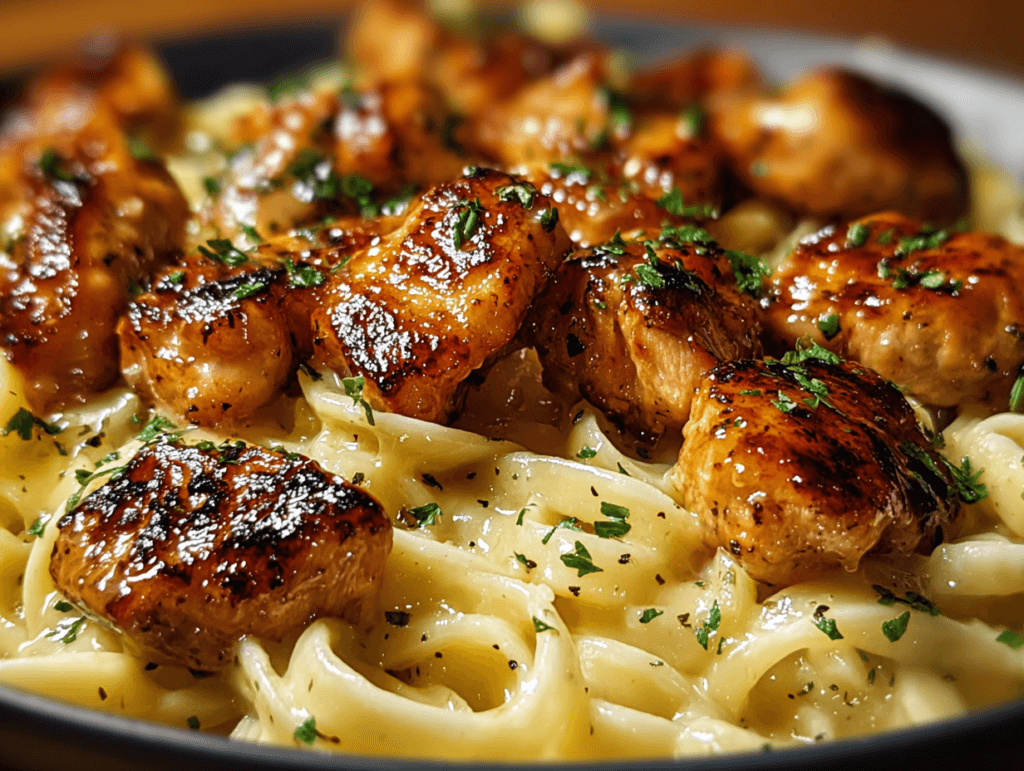 garlic butter chicken bites with creamy parmesan pasta
