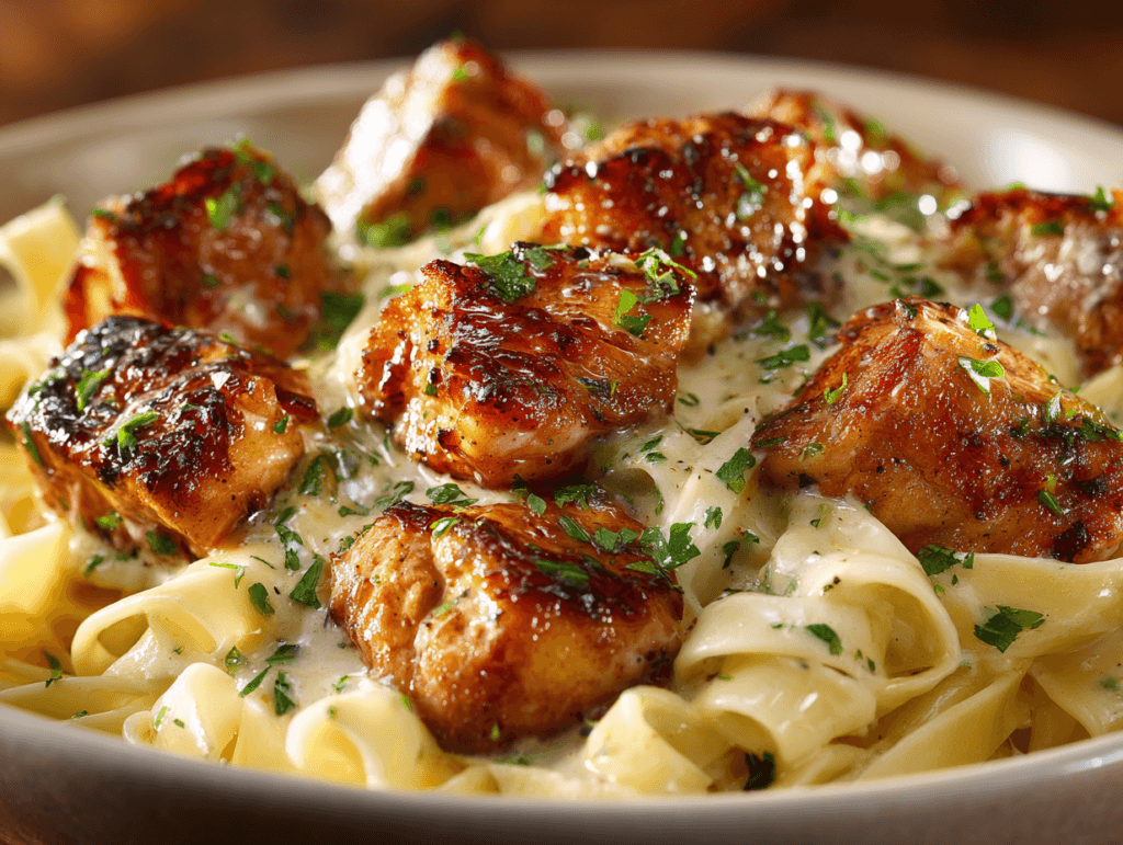 garlic butter chicken bites with creamy parmesan pasta