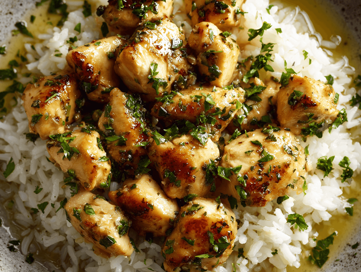 Garlic butter chicken bites with rice in a skillet-style bowl
