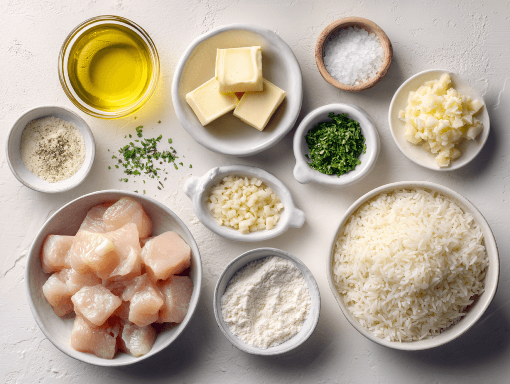 Ingredients for garlic butter chicken bites with rice laid out
