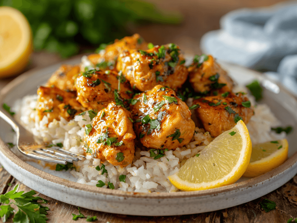 Plated garlic butter chicken bites with rice ready to serve