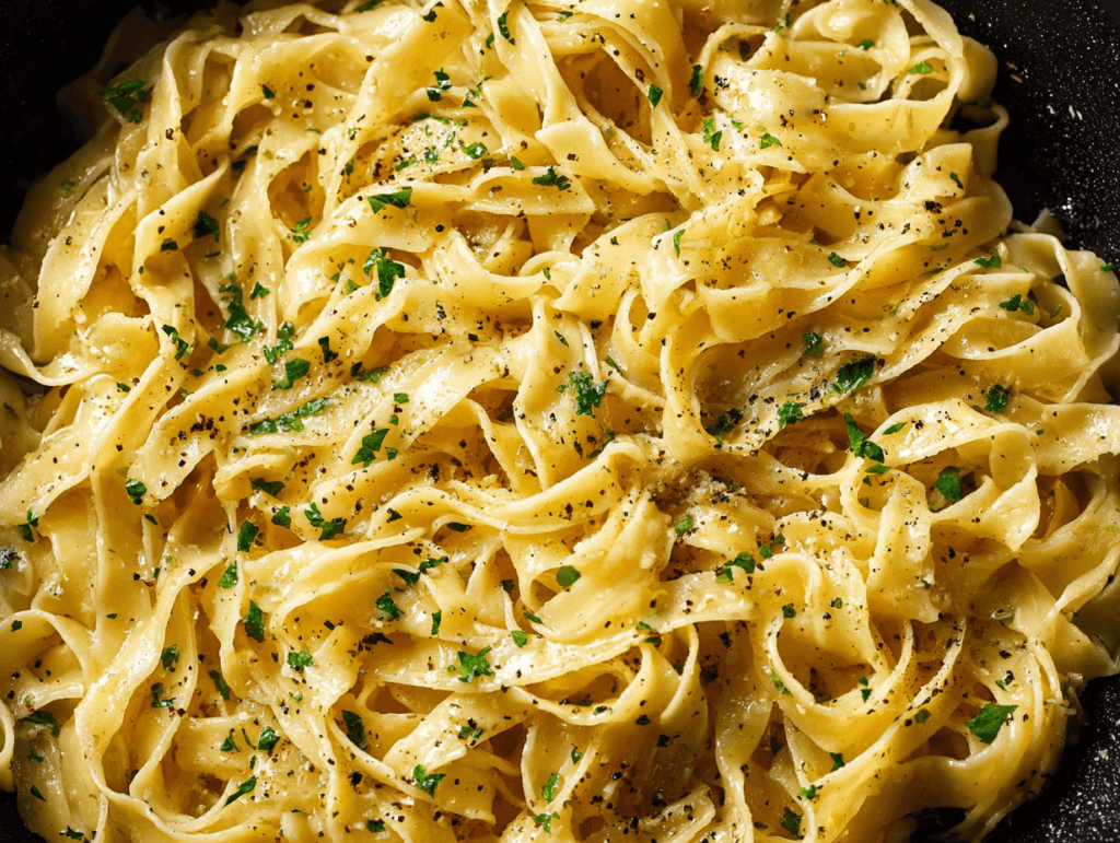 Garlic butter noodles tossed in skillet with butter, pepper, and parsley