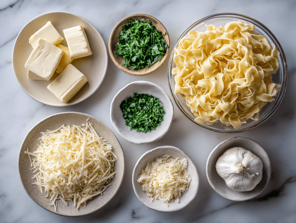 Ingredients for garlic butter noodles including egg noodles, butter, garlic, parsley, and Parmesan