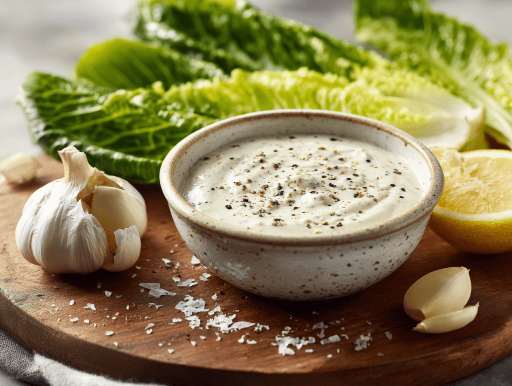 garlic lovers caesar dressing served on romaine salad