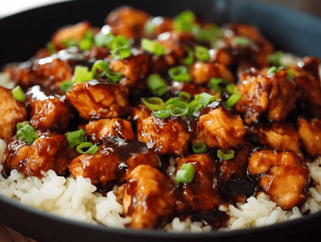Glazed honey BBQ chicken bites over rice in a skillet with green onions