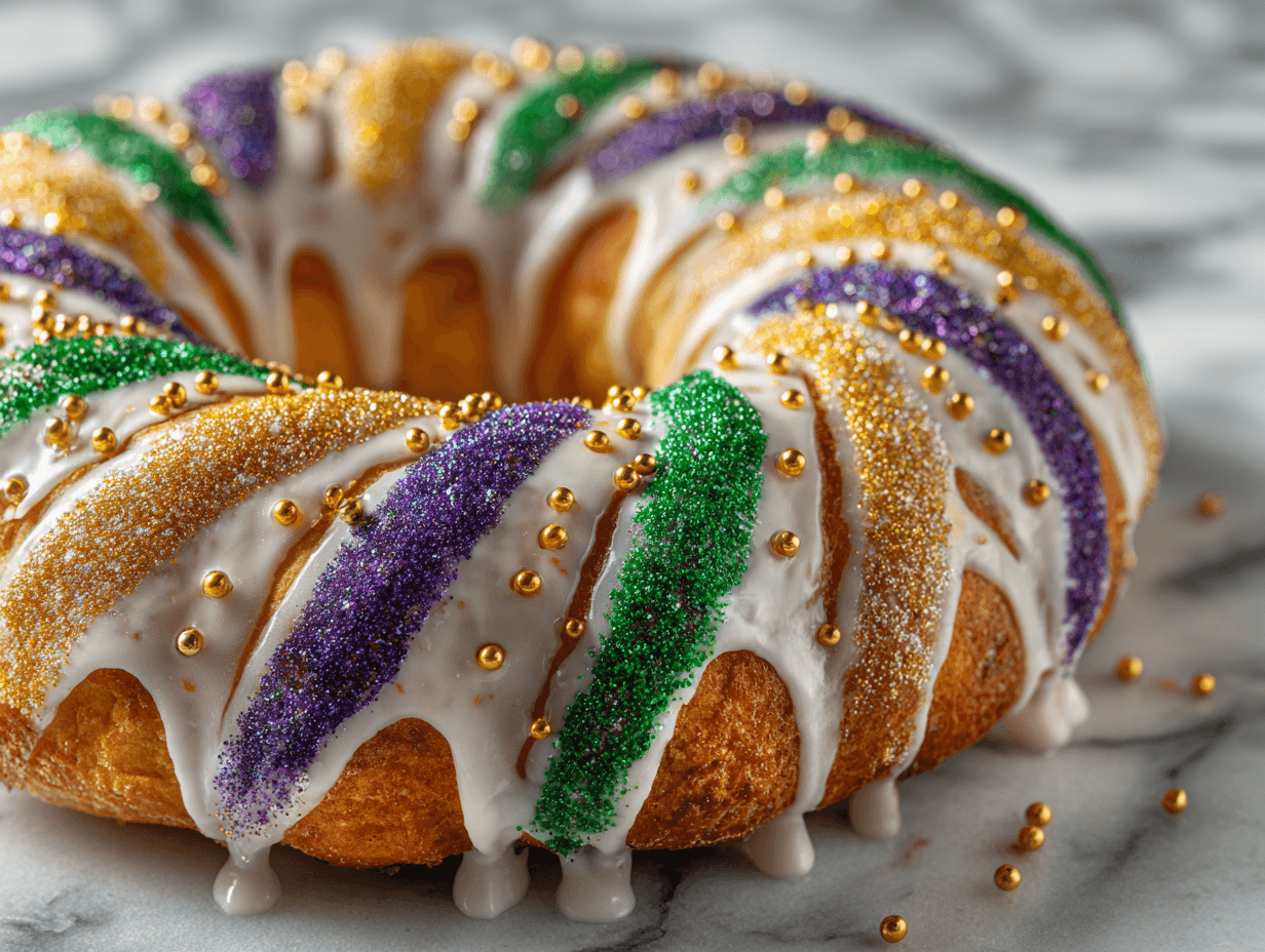 Gluten-Free King Cake with Mardi Gras colored sugar