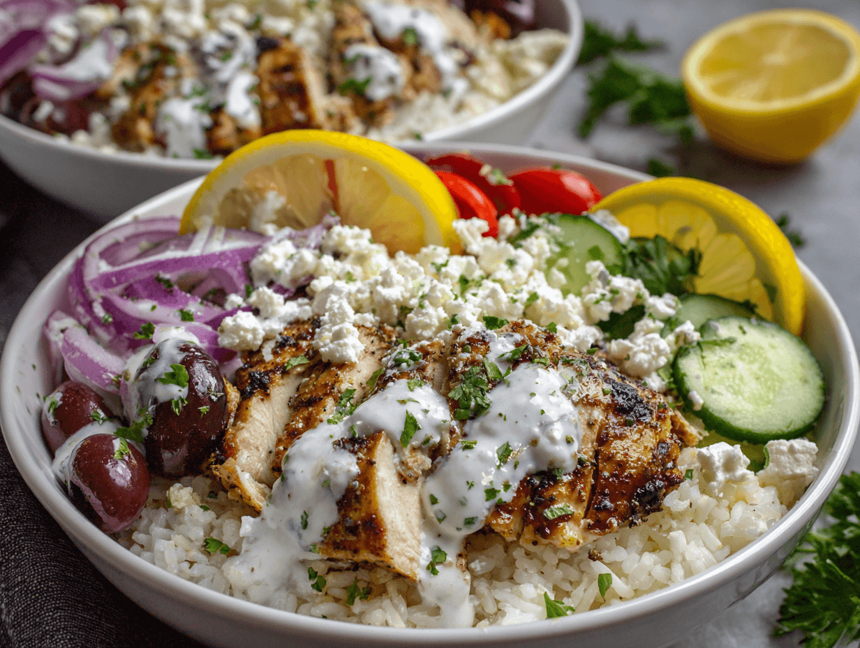 Greek Chicken Bowls with Bright Lemon-Herb Flavor and Crisp Toppings 4 Greek Chicken Bowls with lemon-herb chicken and tzatziki