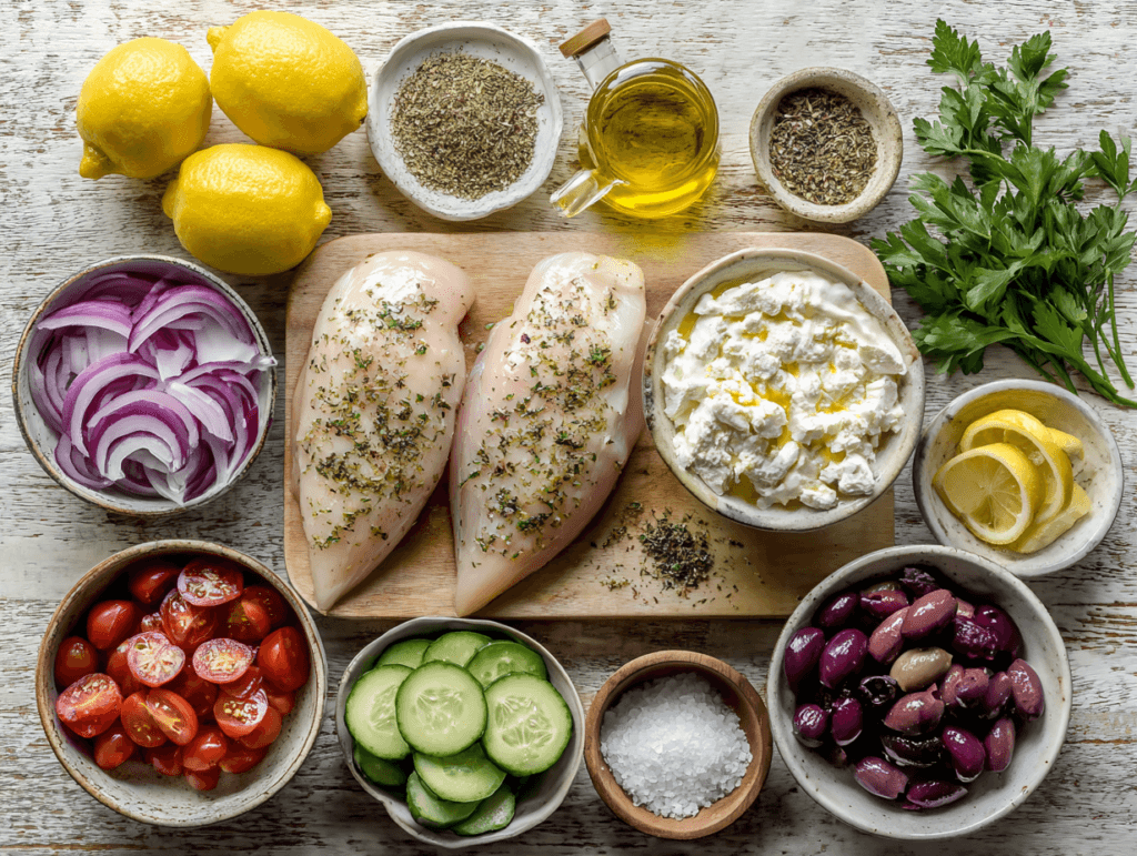 Greek Chicken Bowls with Bright Lemon-Herb Flavor and Crisp Toppings 2 Ingredients for Greek Chicken Bowls recipe