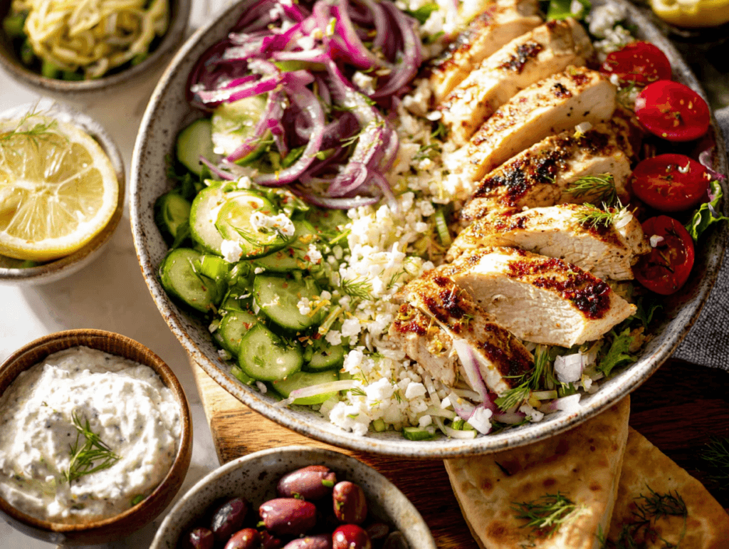 Greek Chicken Bowls with Bright Lemon-Herb Flavor and Crisp Toppings 3 Greek Chicken Bowls ready to serve family-style