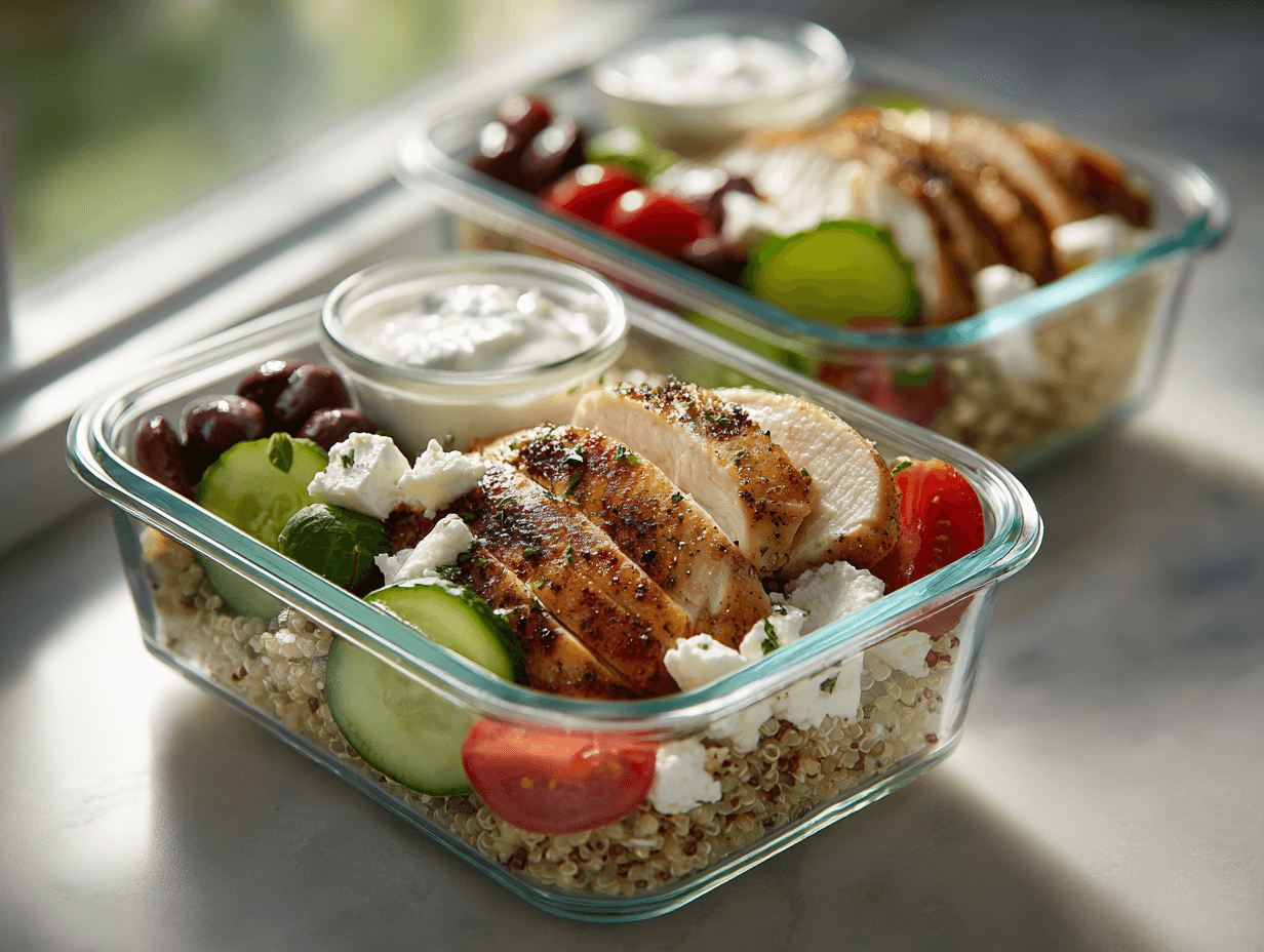 Greek Chicken Meal Prep Bowls: Simple, Fresh Lunches for 5 Days 3 Greek Chicken Meal Prep Bowls in meal prep containers