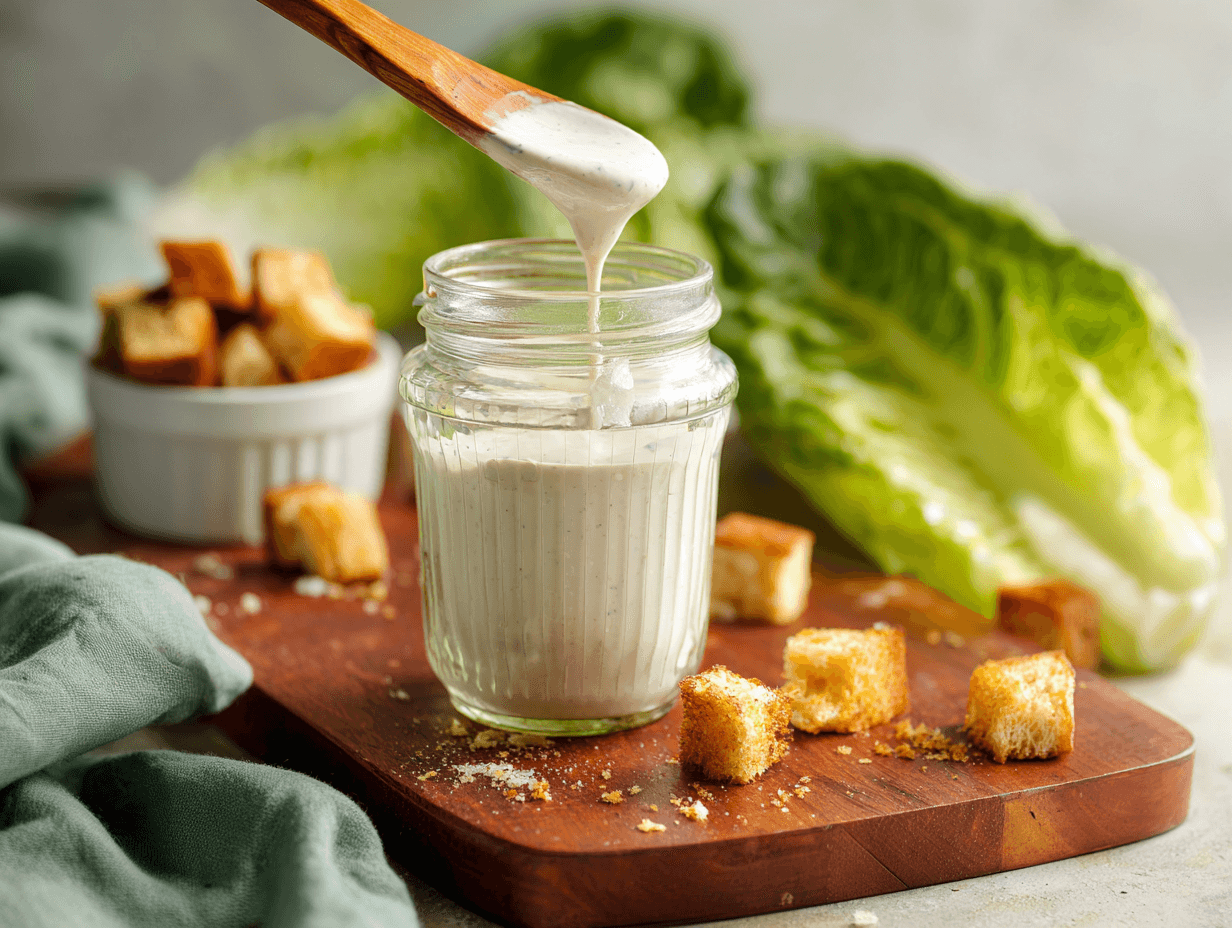 Greek Yogurt Caesar Dressing That Tastes Bold, Not Heavy 4 Greek Yogurt Caesar Dressing in a bowl with lemon and Parmesan
