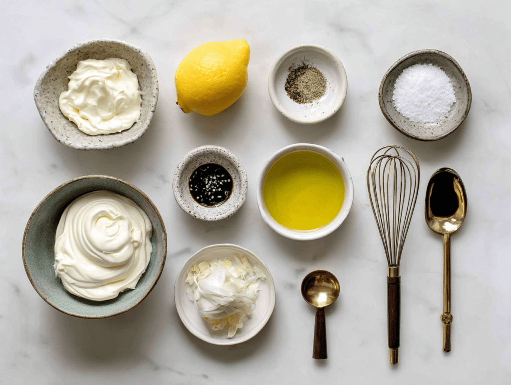 Greek Yogurt Caesar Dressing That Tastes Bold, Not Heavy 2 Ingredients for Greek Yogurt Caesar Dressing measured and ready