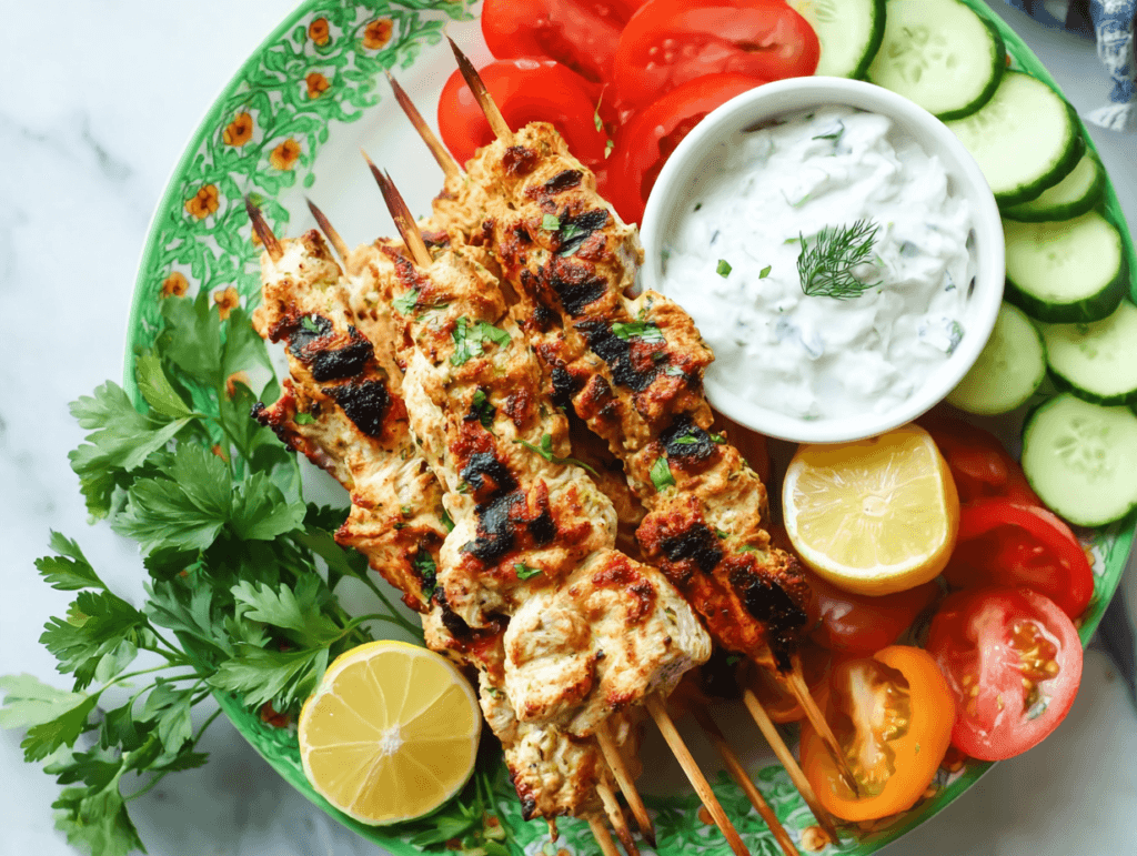 Greek Yogurt Marinated Chicken Skewers with tzatziki, cucumbers, and tomatoes